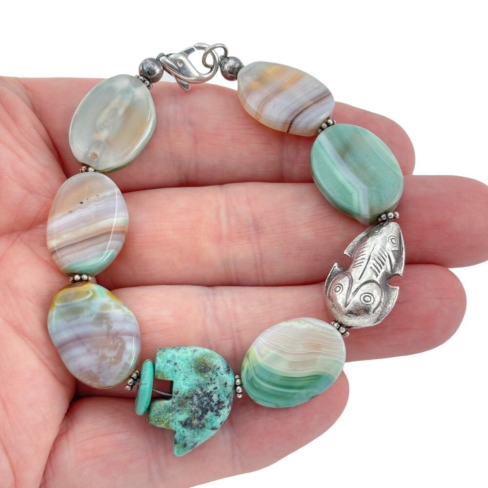 Vintage Sterling Silver 925 Turquoise Bear Frog Fetish Bracelet 7.5"